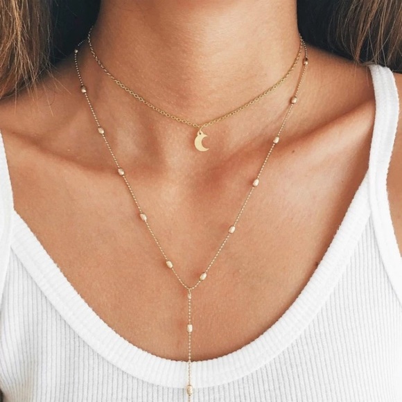 Jewelry - Gold Moon Choker Layered Y Drop Chain Necklace